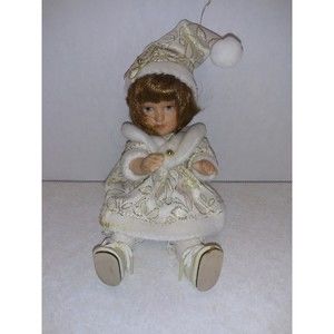 Vintage Mini Porcelain White Dress Doll With Christmas Hat 7"